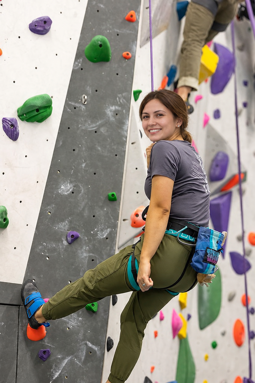 Rowan resting in a climbing harness